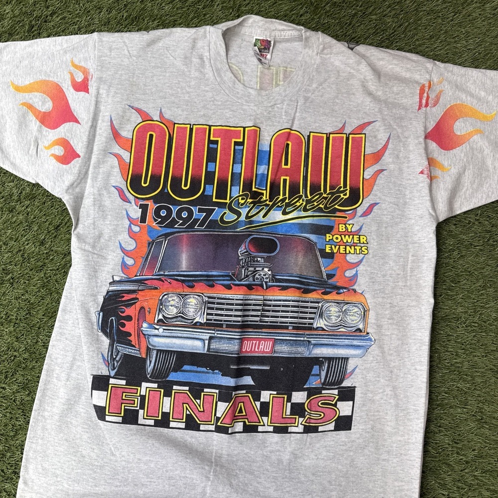 Vtg 90's Outlaws Street Racing Finals AOP SS T-Shirt XL Drag racing Flames NEON